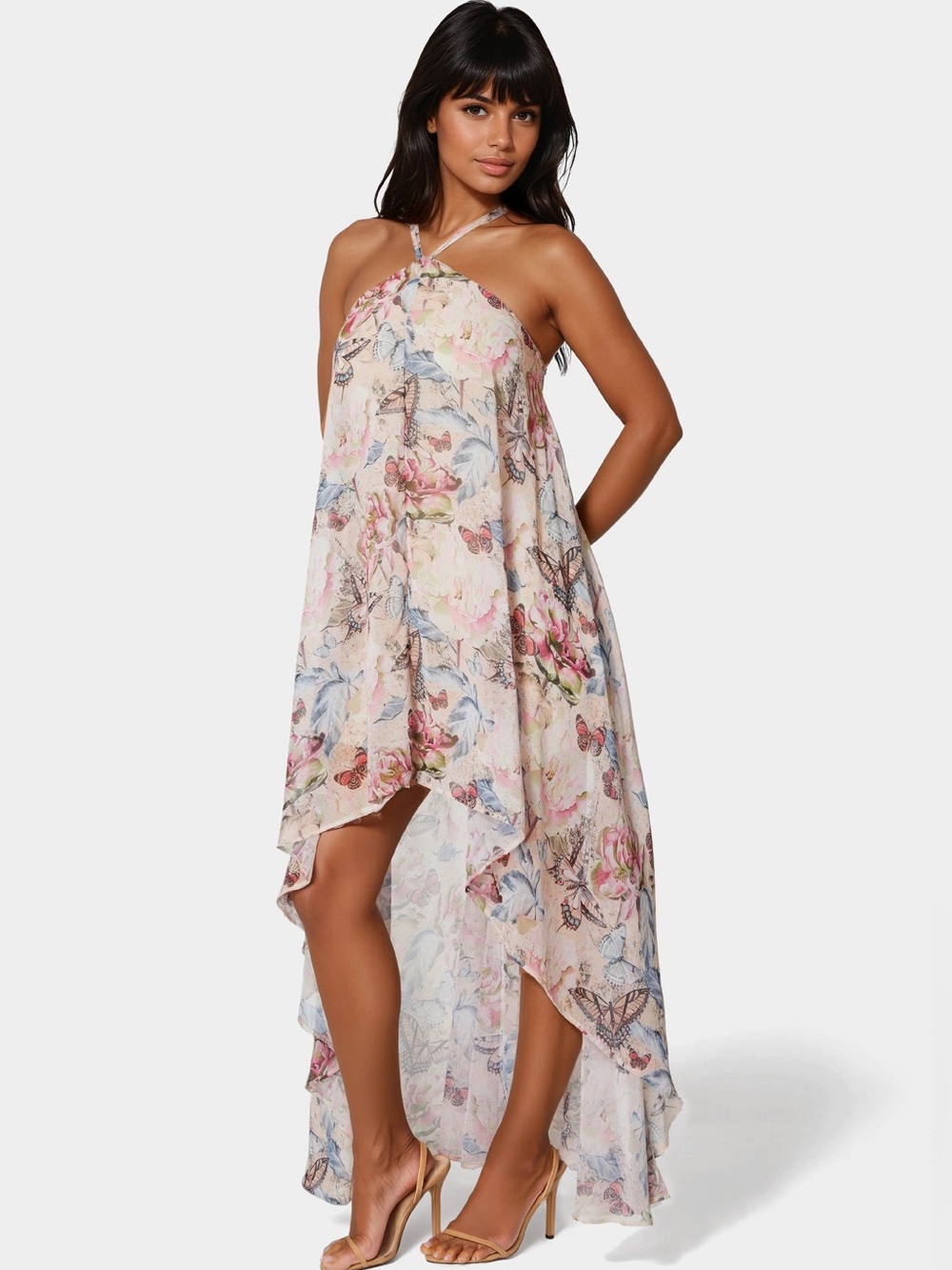NWT Bebe High Low Chiffon Maxi Dress in Pink Butterfly and Floral Size Small